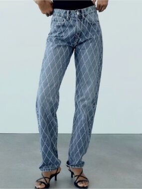 Zara Diamond-Print Straight-Leg Jeans - Blue